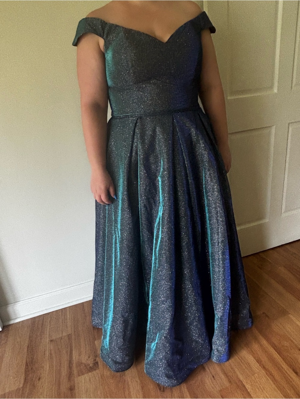 Girls' Shimmer Off-Shoulder Ball Gown Dress in Iridescent Teal-Blue